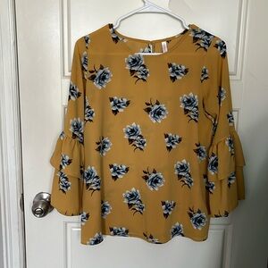 Mustard yellow with flowers blouse, size small, polyester